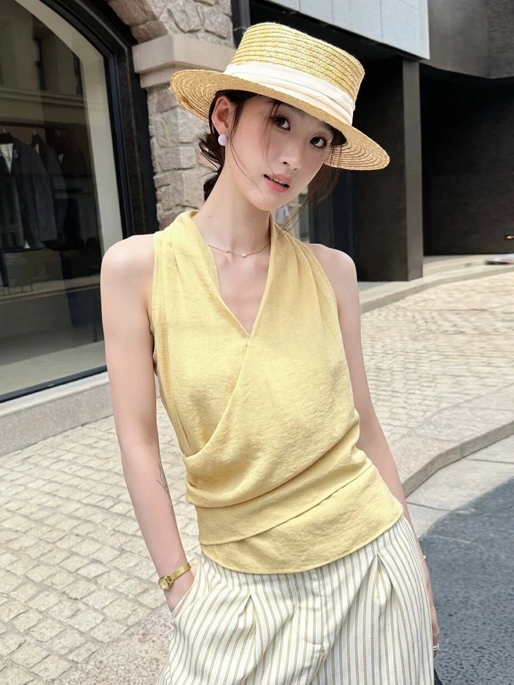 韩系简约V领交叉挂脖时尚减龄气质显瘦无袖时尚休闲背心上衣