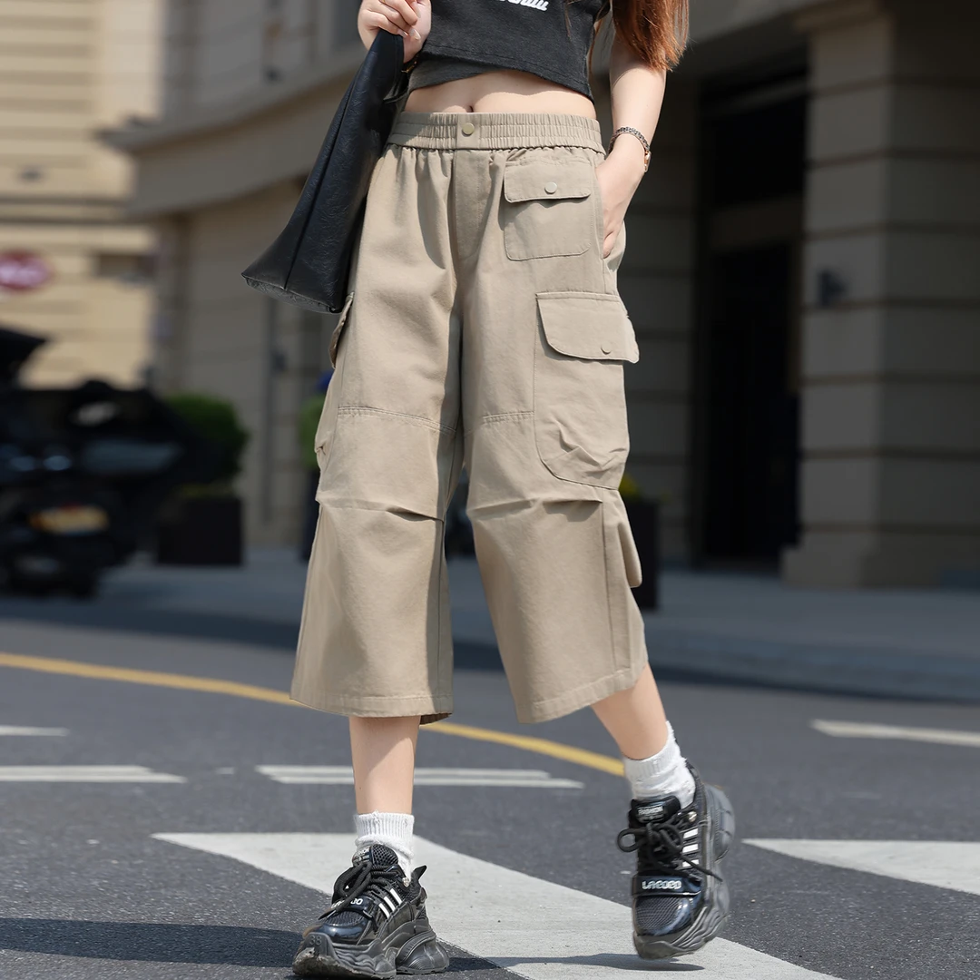 卡其日系七分裤女夏薄款2025新款工装阔腿裤宽松高腰休闲炸街女装