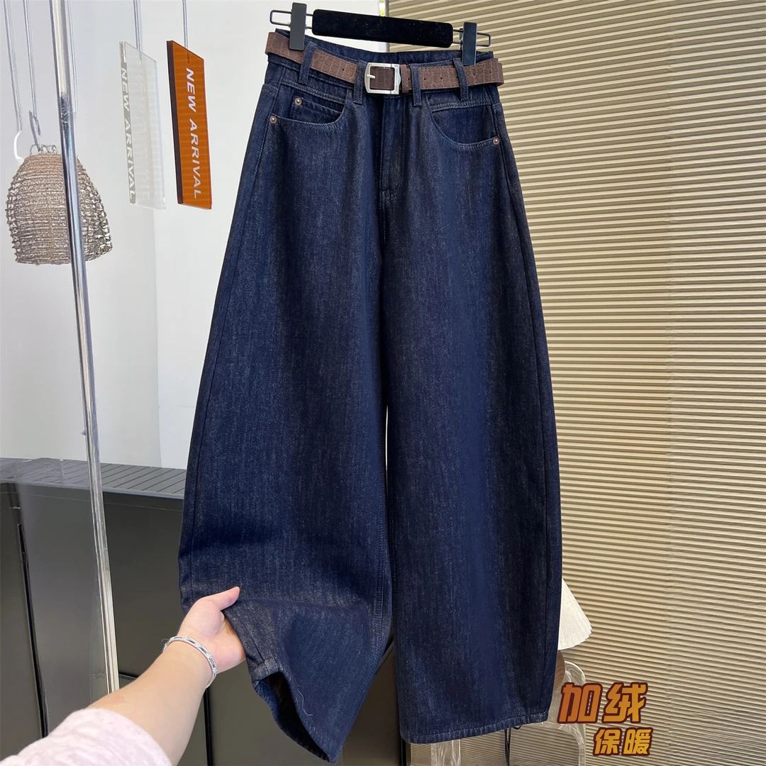 简约风高腰加绒牛仔裤女2025冬季新款加厚保暖慵懒弯刀裤