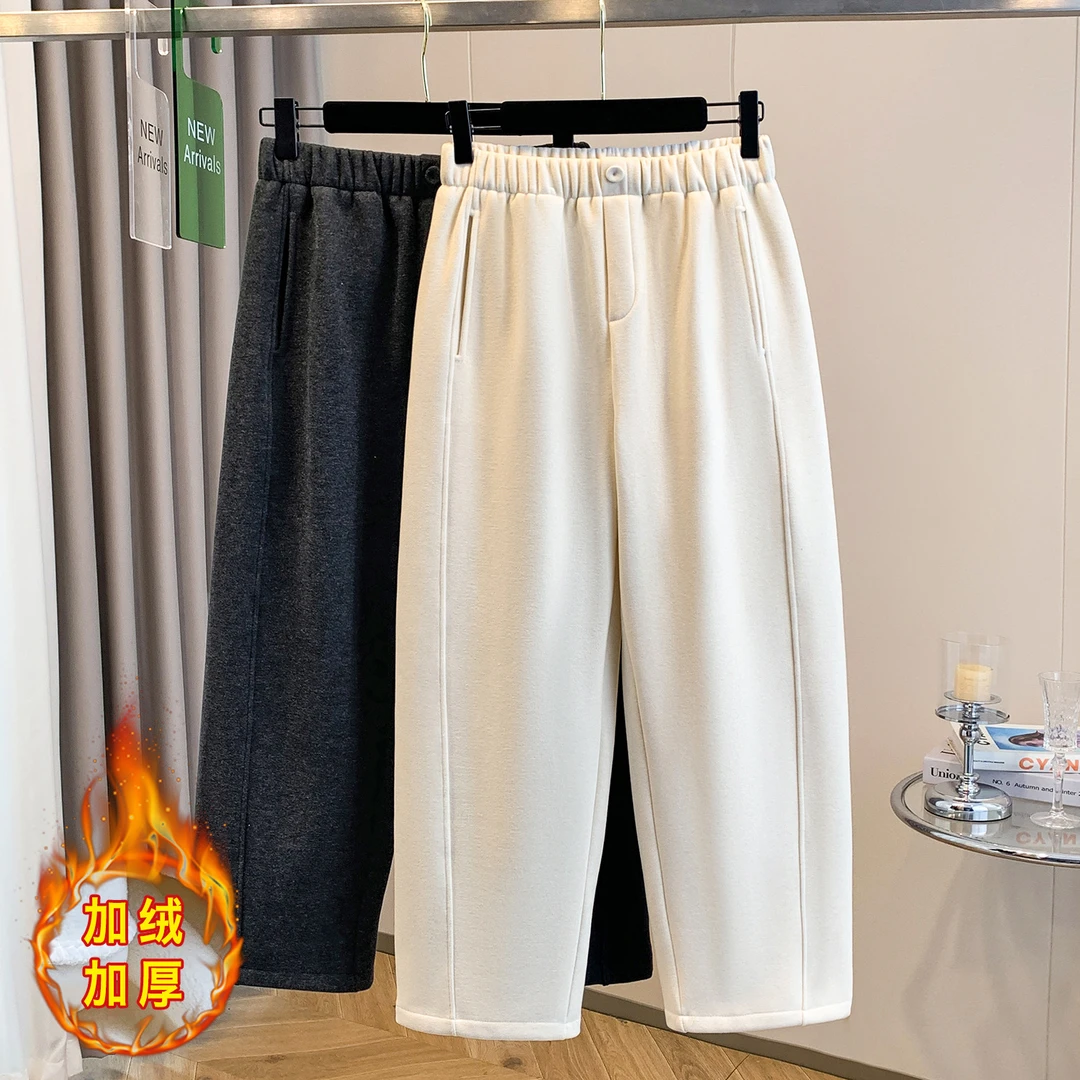 毛呢加绒哈伦裤女冬季一体绒加厚保暖宽松休闲显瘦豌豆九分奶奶裤