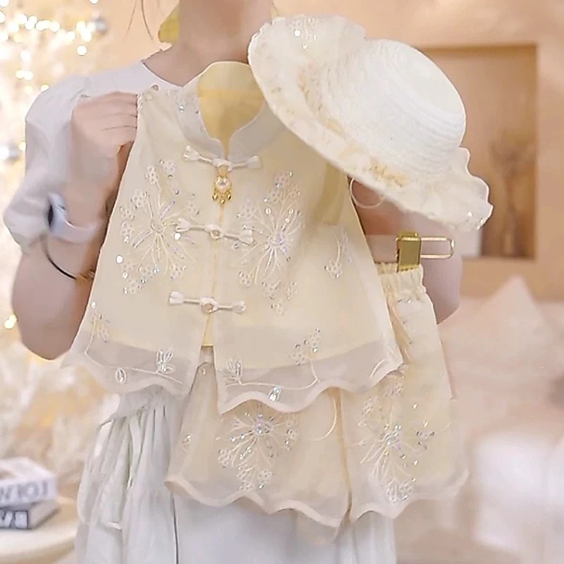 【两件套】女童国风套装夏季新款洋气女孩新中式汉服无袖上衣短裤