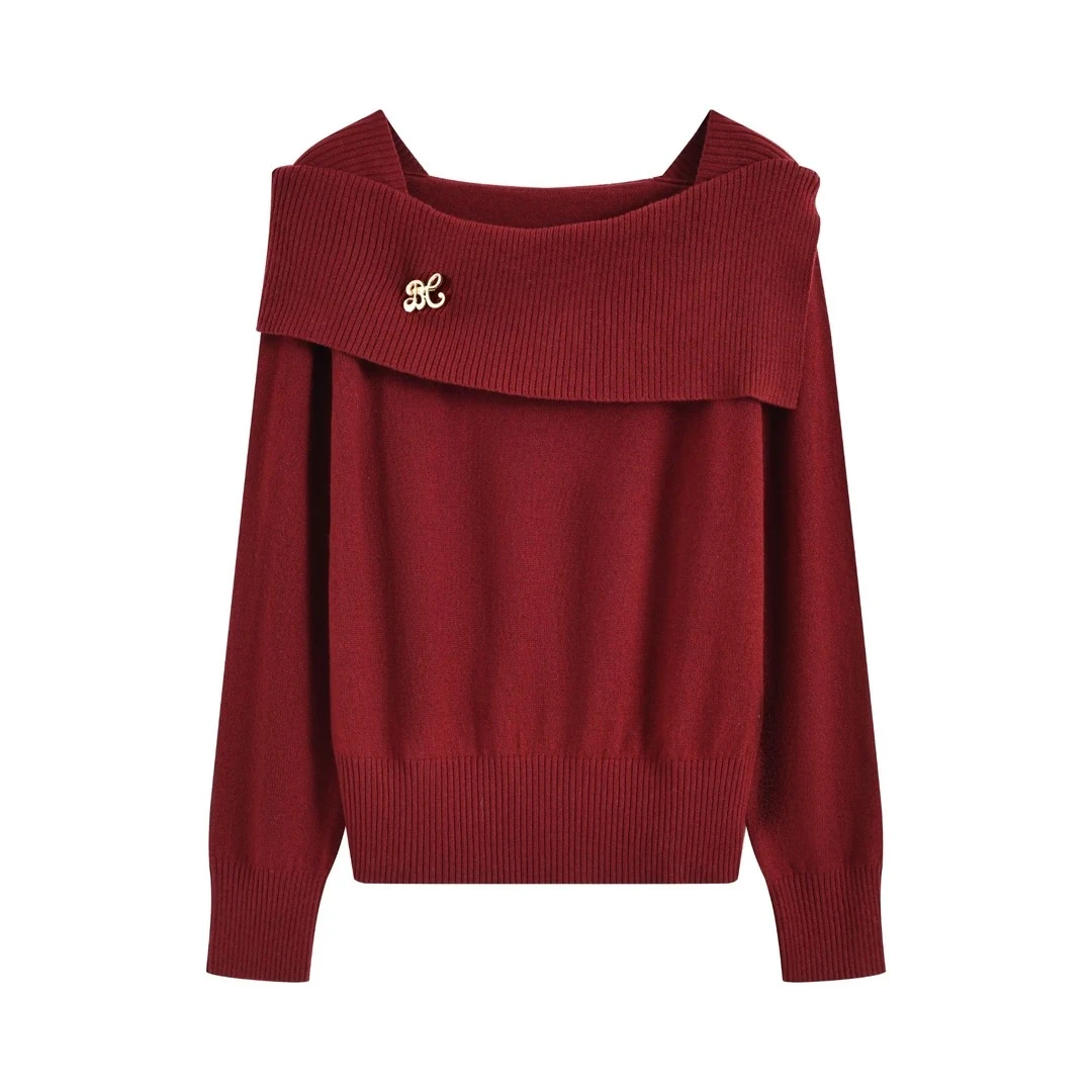 2025秋季新款秋季时尚百搭设计感胸针一字领毛衣针织上衣H8-88