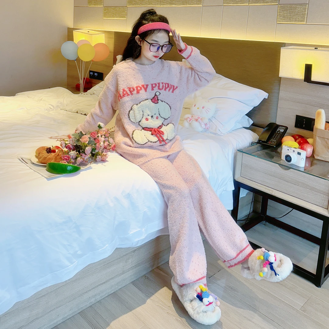 儿童睡衣冬季2025新款女童半边绒家居服初中生女孩加厚珊瑚绒套装