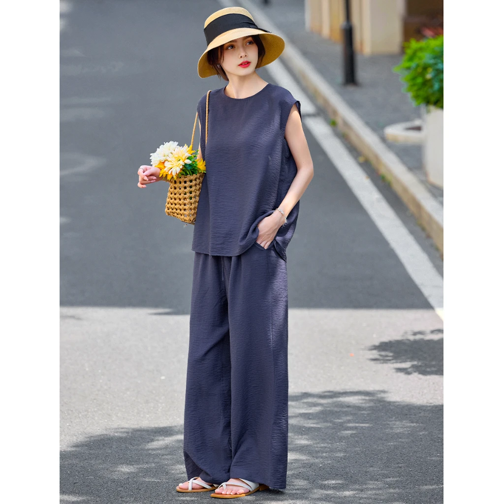 气质休闲套装女2025夏季新款薄款无袖显瘦小衫休闲裤阔腿裤两件套