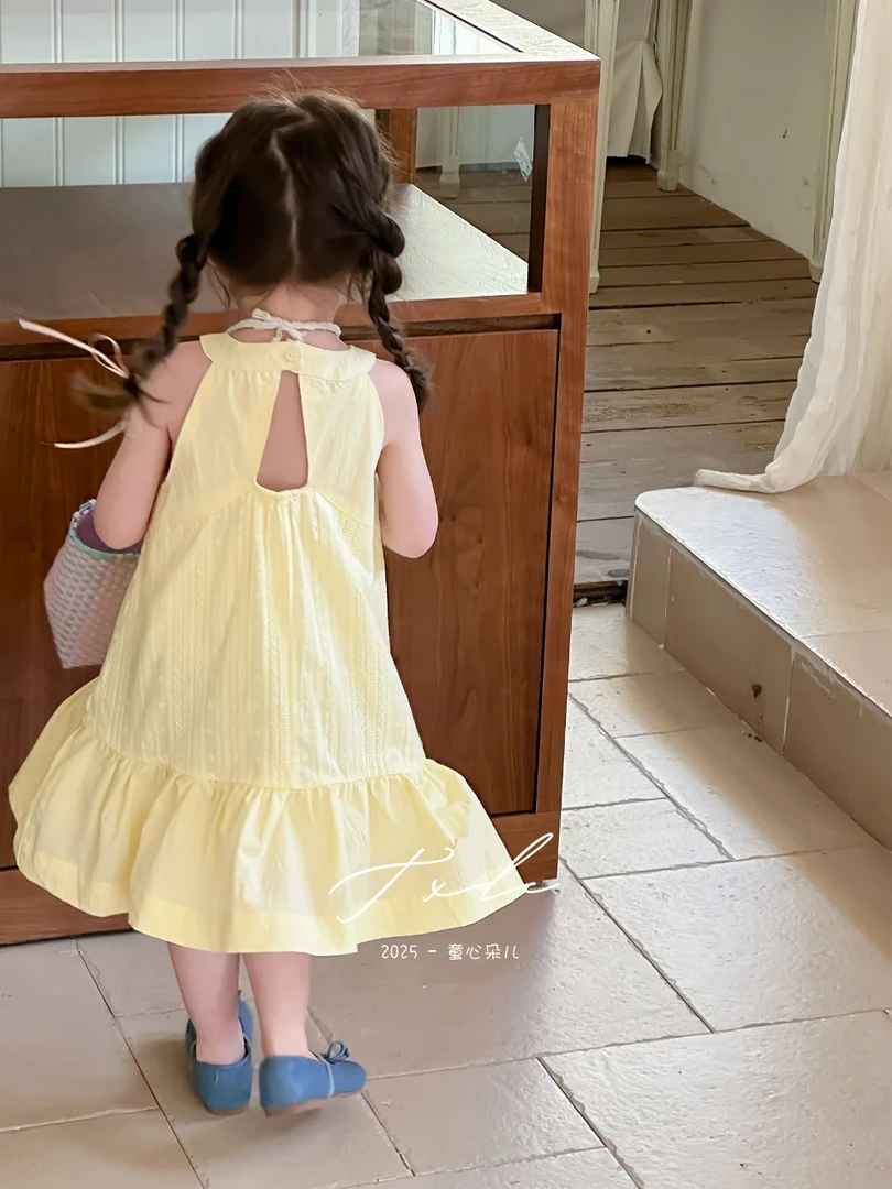 【XTL】2025新夏奶黄色重工蕾丝刺绣挂薄连衣裙25210