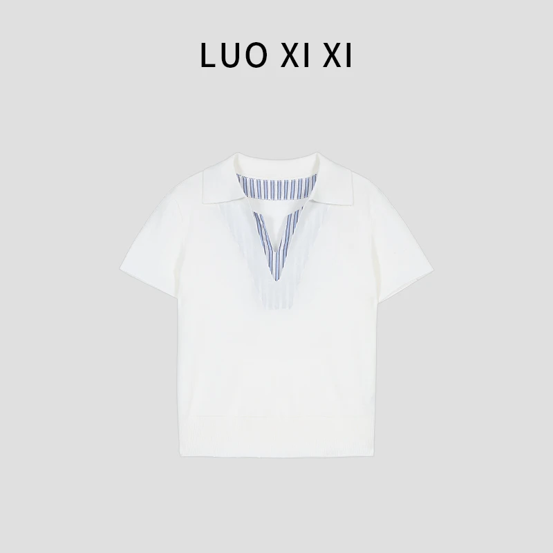 【罗西西专属】短袖常规拼接V领针织衫松身简约设计师翻领套头百搭