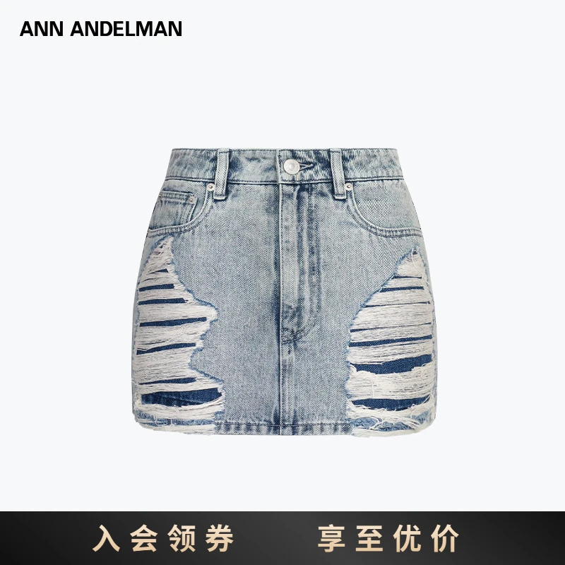 ANN ANDELMAN 25新款蓝色a字复古做旧破坏包臀短裙牛仔半裙女夏