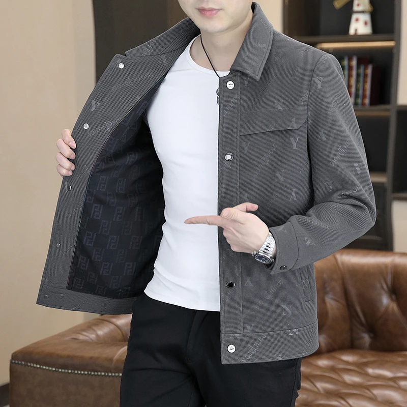 男士春秋季翻领提花夹克外套韩版修身帅气百搭商务休闲短款外套男