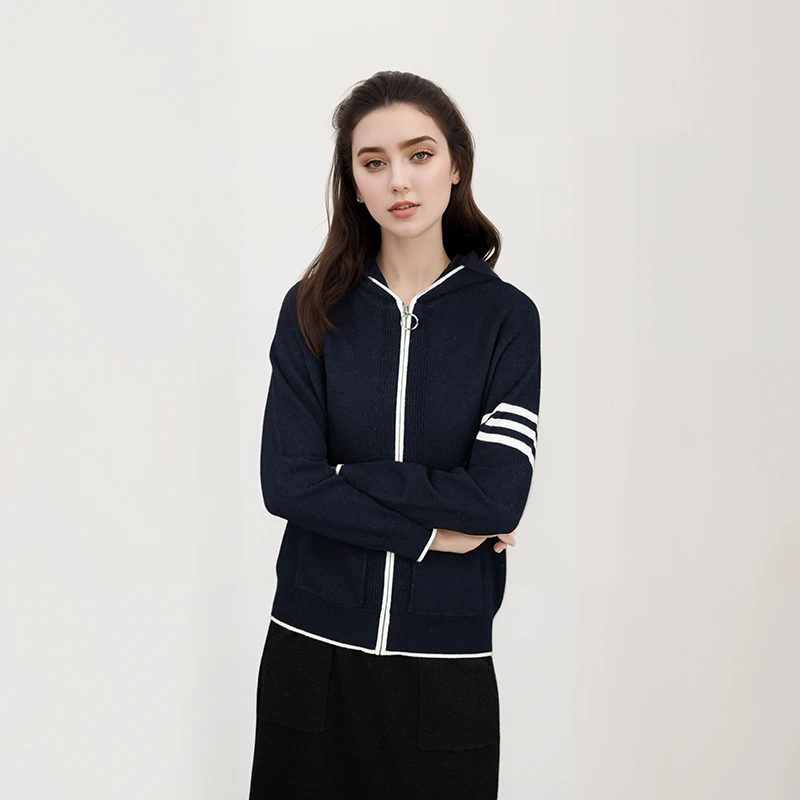 100%绵羊毛女士针织连帽开衫秋冬上新条纹拉链羊毛衫HN638