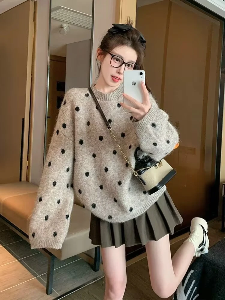 卡其色波点套头毛衣女2025新款秋冬加厚宽松休闲慵懒风内搭针织衫