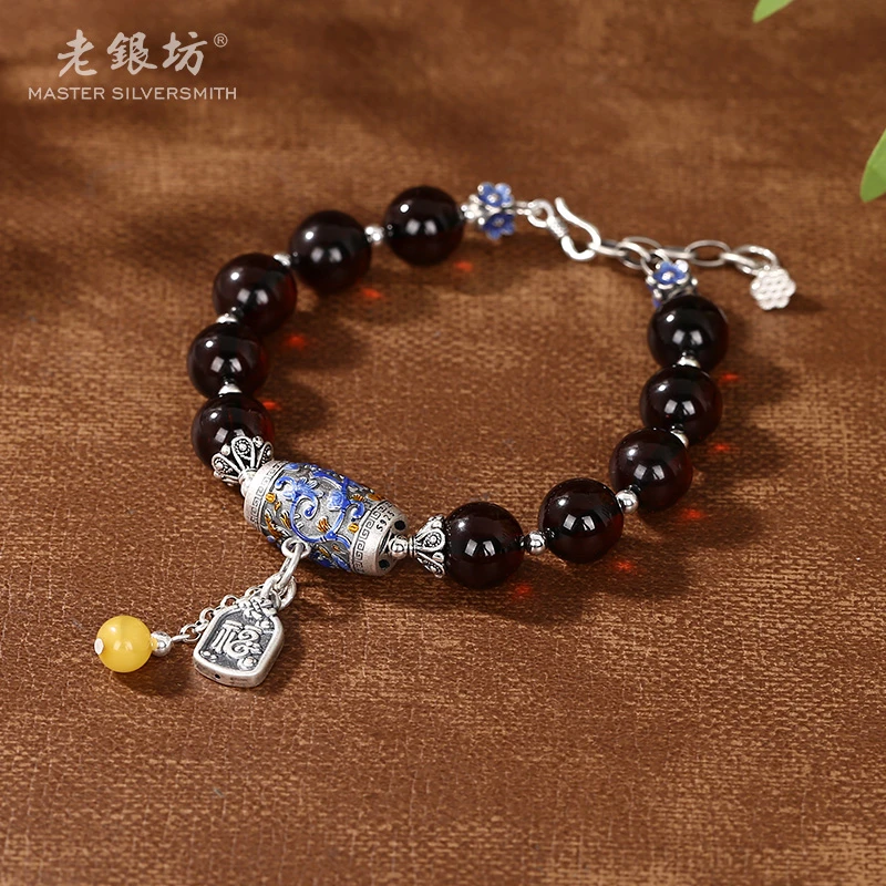 老银坊s925银血珀花筒福牌手链 0033909