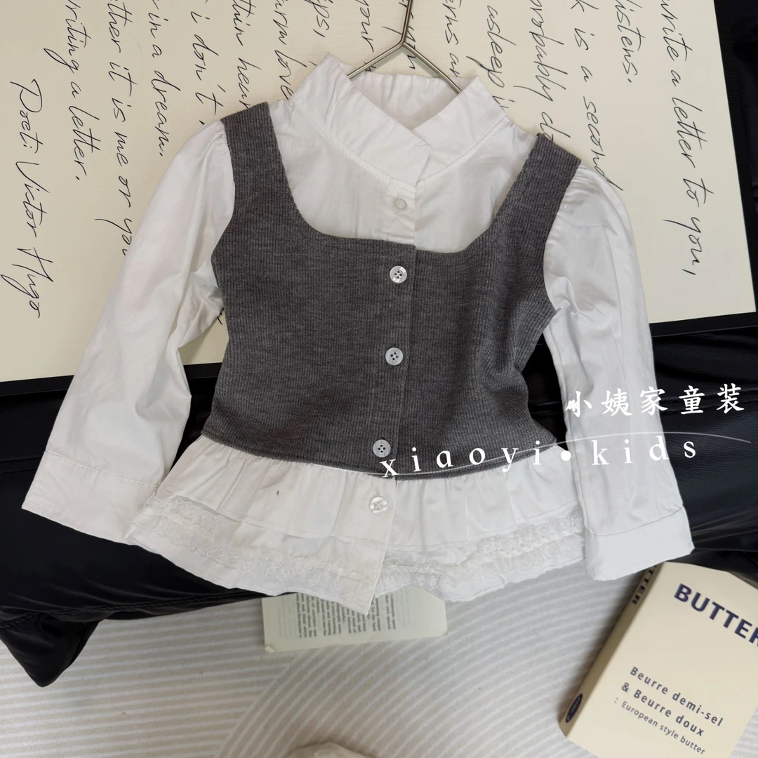 【假两件】女童假两件上衣拼色开扣拼接常规韩版女童长袖秋季春秋