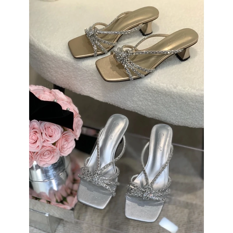 法式高跟凉鞋女2025夏季新款外穿透明水钻厚底仙女风性感粗跟凉拖