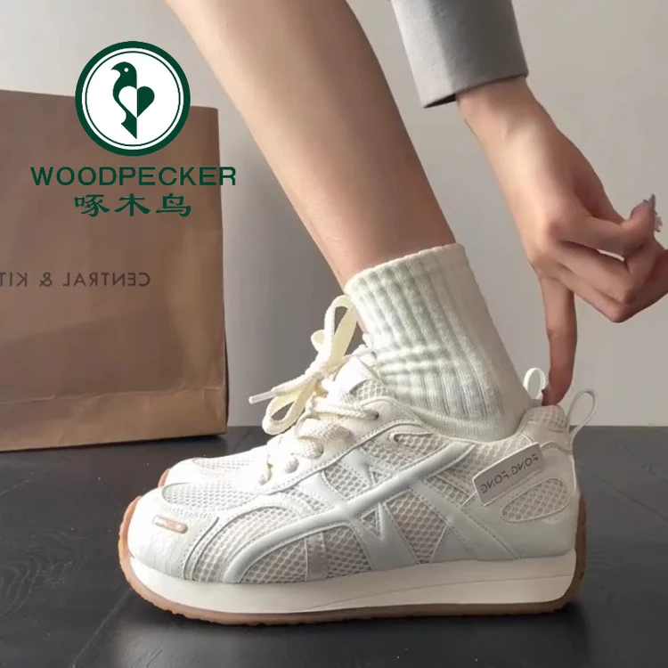 啄木鸟韩系网面小白鞋阿甘鞋女2025夏新款透气百搭休闲德训运动鞋