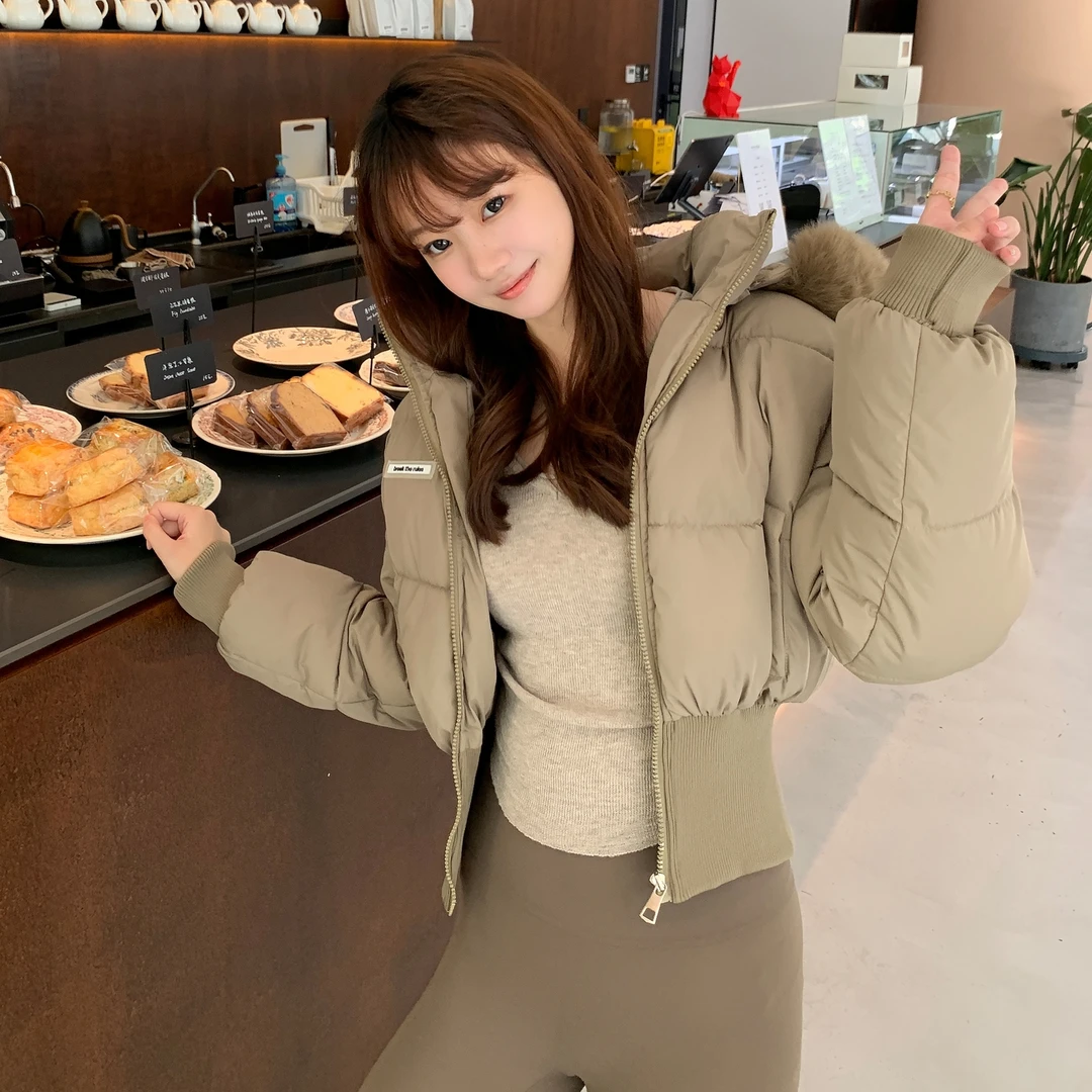 实拍韩系辣妹毛领连帽棉服女2025冬季新款百搭小个子短款保暖棉衣