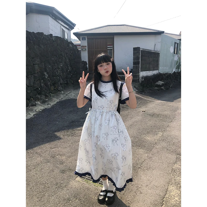 嘿山姥姥竖条纹小羊印花连衣裙子女夏抽绳系带拼接收腰显瘦长裙