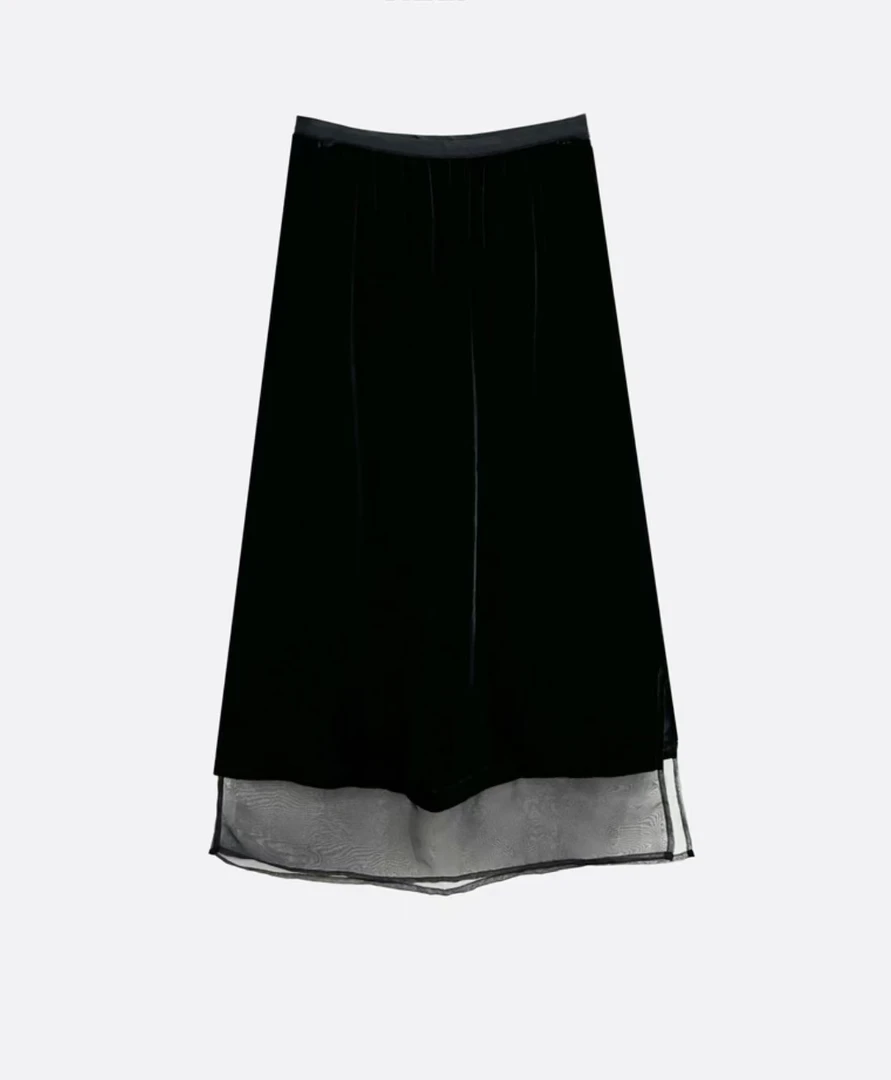 真丝丝绒拼接欧根纱半裙显瘦百搭松紧腰气质时尚夏季中长半身裙