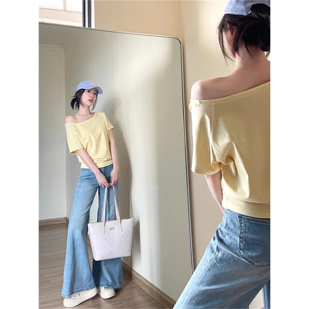 多巴胺一字肩奶黄色露肩短袖T恤女2025新款夏日穿搭漂亮上衣体恤