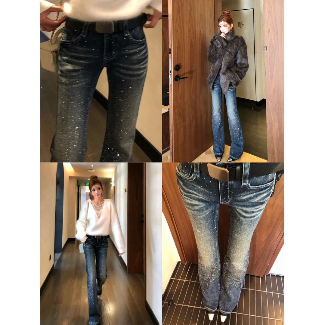 婉君【年度闪钻裤】带弹力抓毛显瘦爆闪中腰直筒牛仔裤LWJ25D4K3910