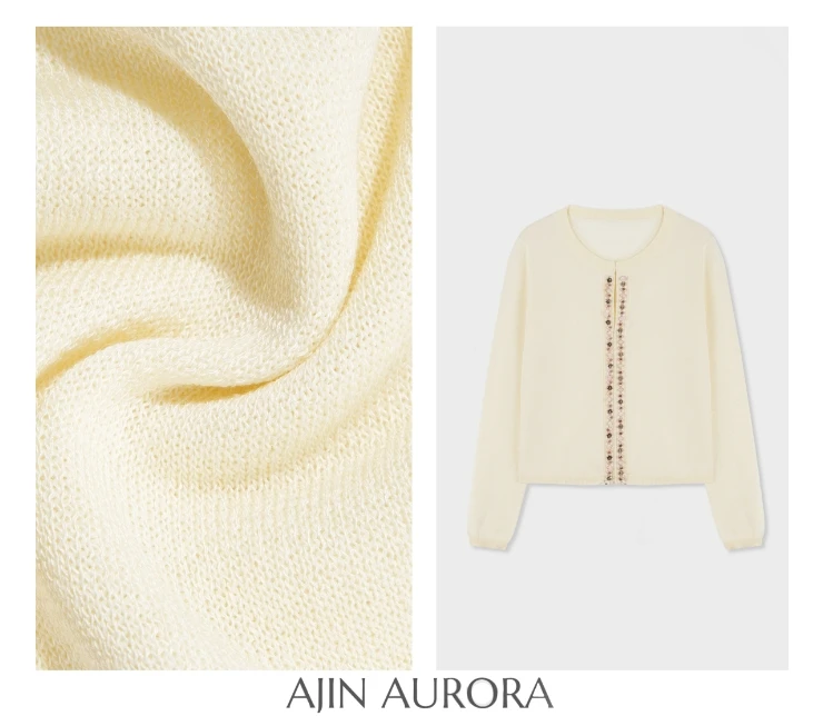 83059【茉香风浅】拼接钉珠织带针织开衫A1