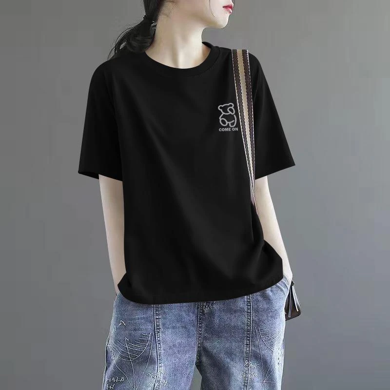 短袖t恤女士2025夏季新款简约宽松休闲半袖洋气百搭大码黑色体恤