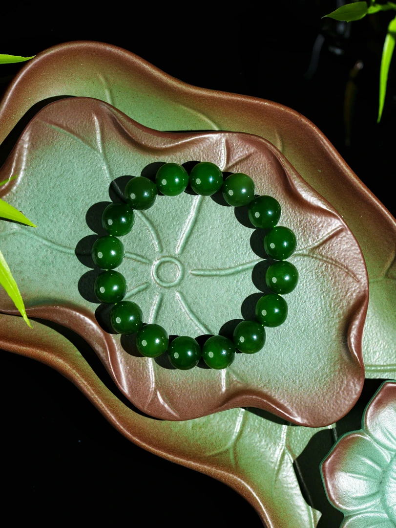 【碧玉系列】浓阳绿碧玉和田玉素圈手串11.5mm+