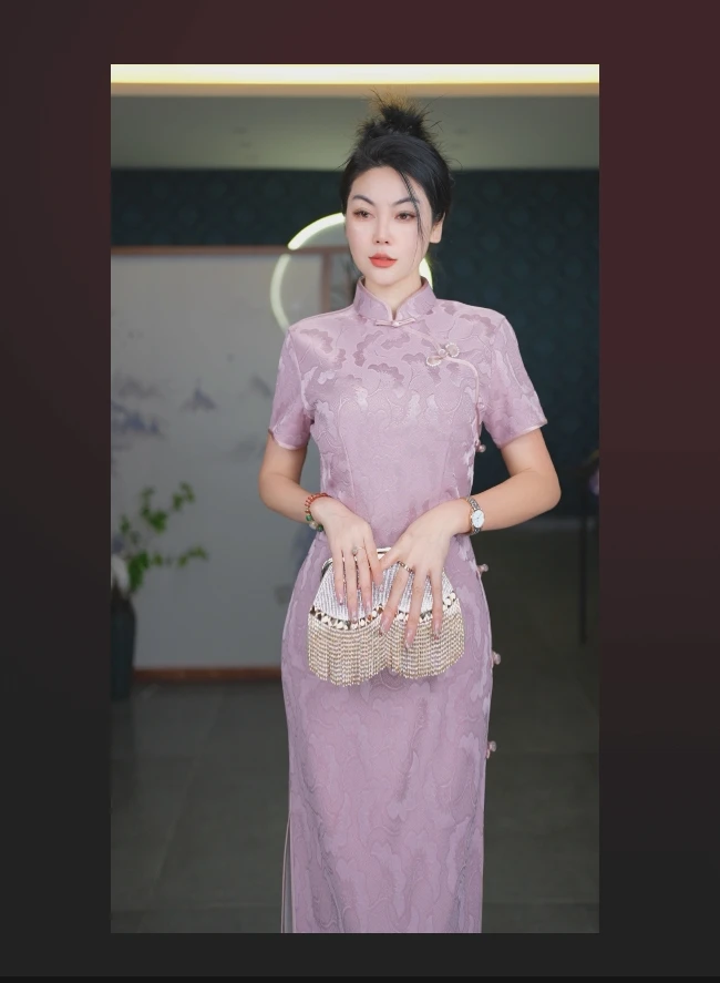 2025春季新款高端优雅长款新中式粉紫色旗袍日常高级修身显瘦复古