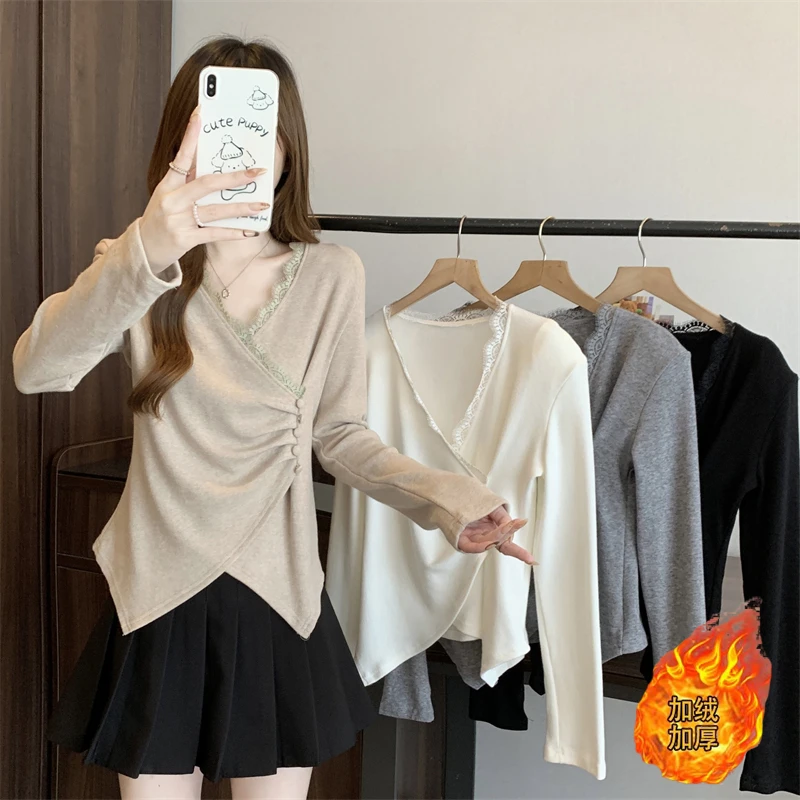 1639大码女装2024秋冬新款时尚休闲褶皱长袖T恤