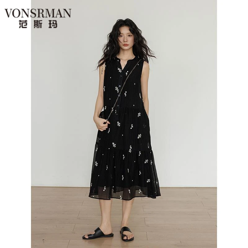 夏季复古设计感v领背心连衣裙女2025新款宽松气质刺绣慵懒度假裙