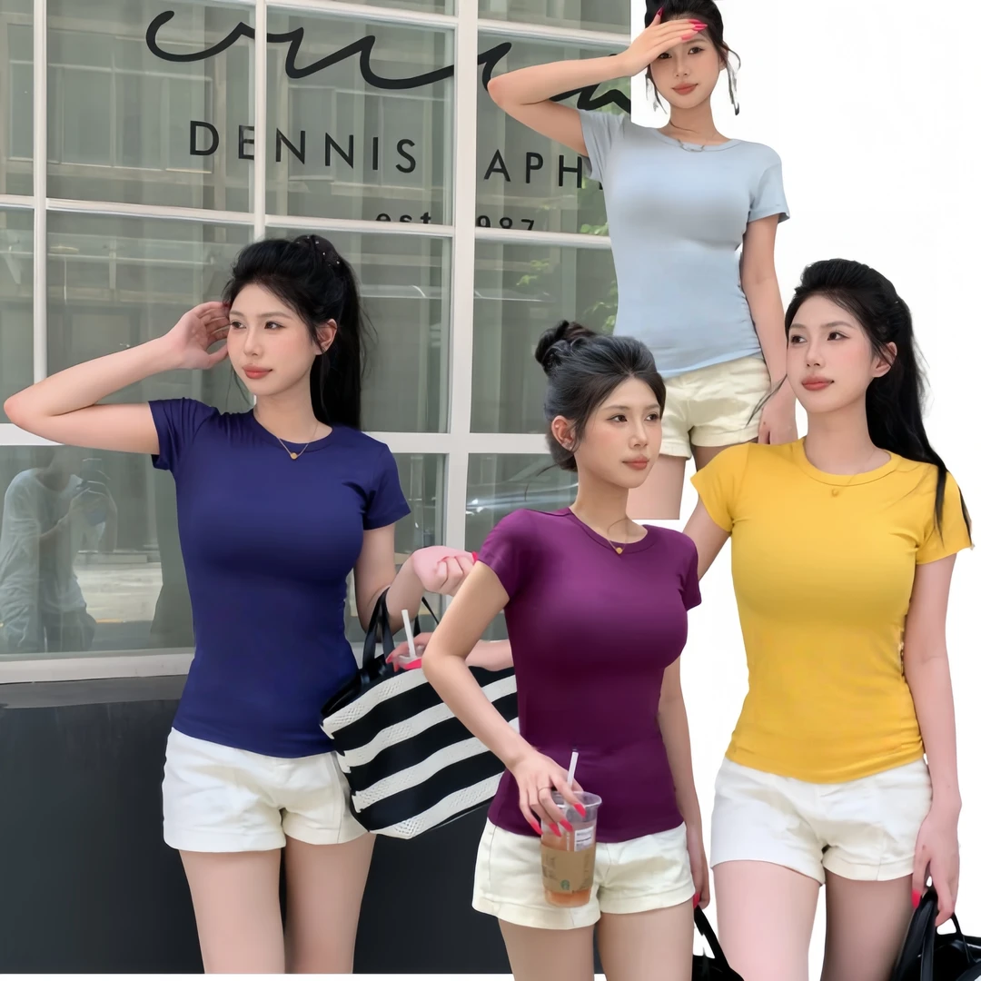 纯欲圆领短袖常规款3D针织螺纹辣妹风性感风T恤夏季ins风收腰