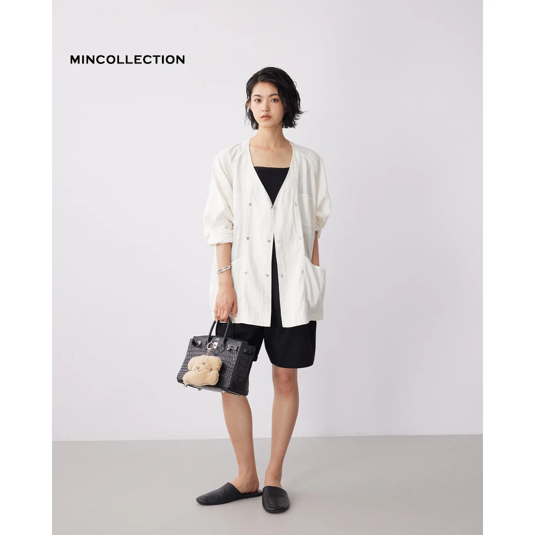 DE MincollectionV领排扣外套/日系定染色工装斜纹无领外套55185