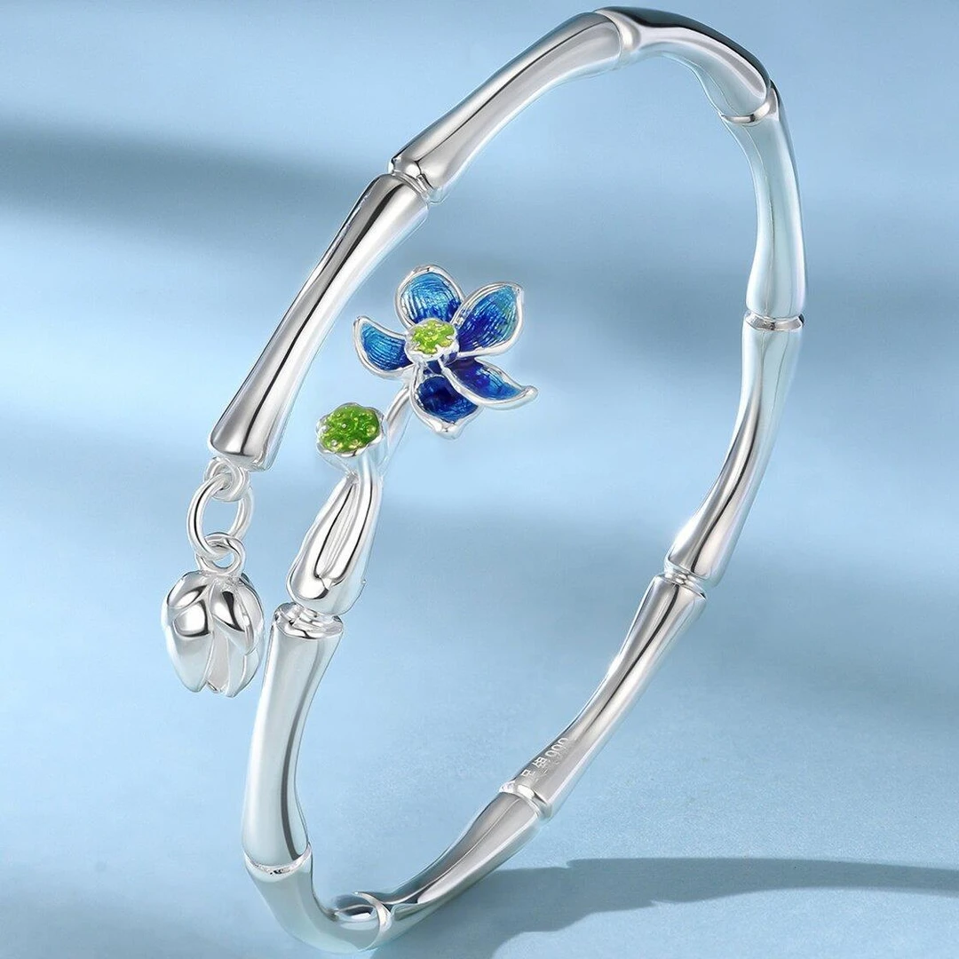 9999银金枝玉叶手镯女民族风小众百搭珐琅镯子竹节莲花吊坠简约