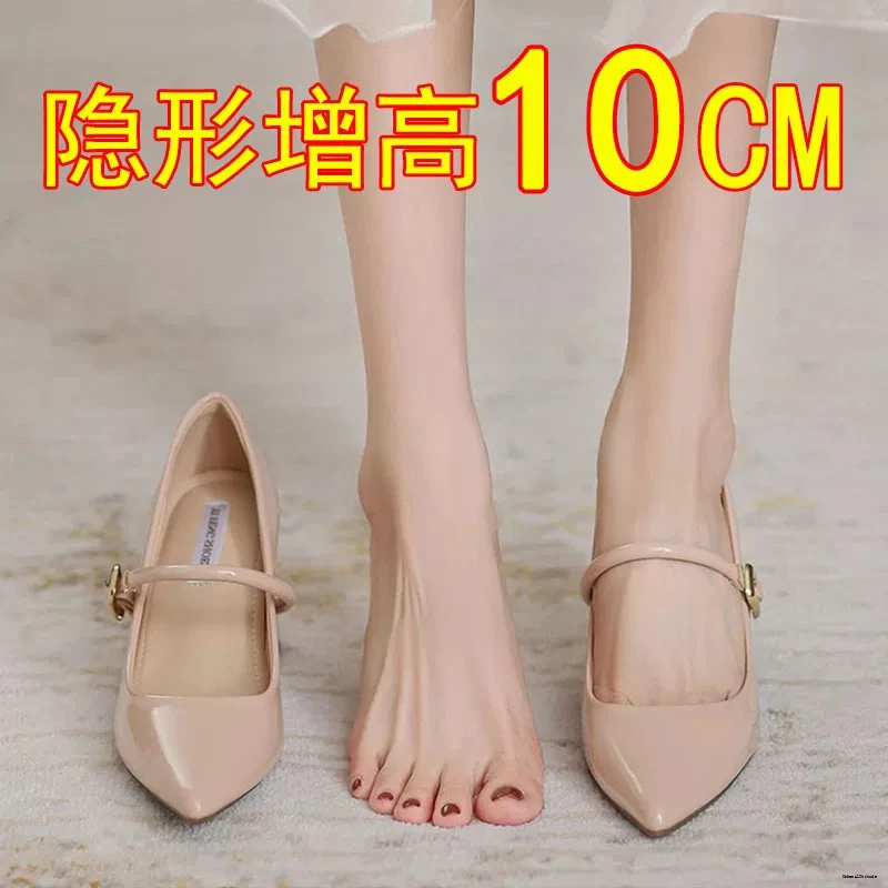 羊皮10CM矮子乐厚底玛丽珍单鞋女内增高小个子法式尖魔术贴凉鞋