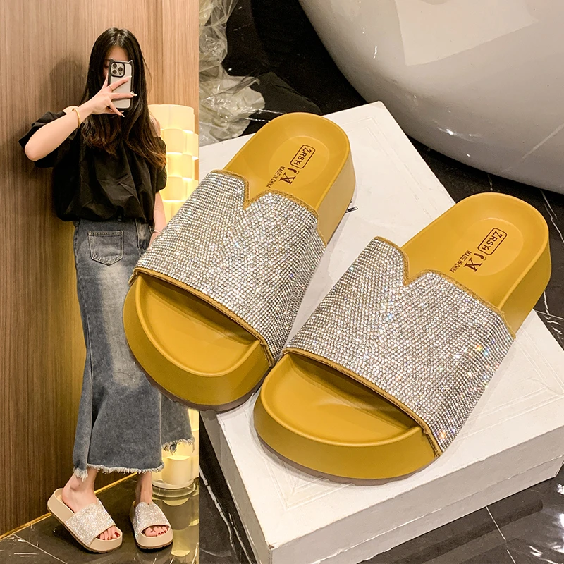 夏季新款松糕厚底一字凉拖鞋手工串珠链拖鞋女外穿增高鞋拖鞋民宿