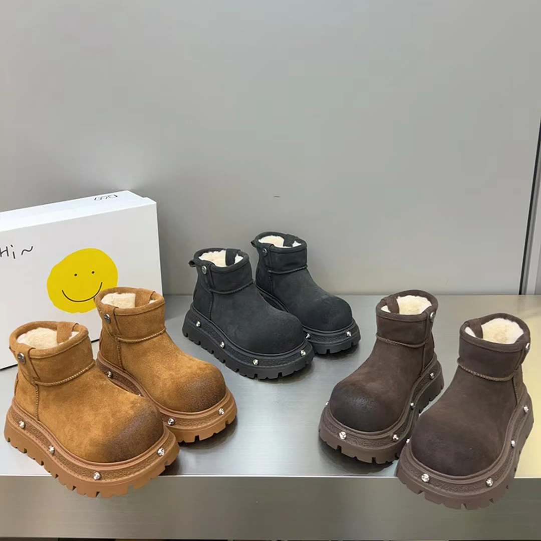 复古厚底增高大头雪地靴女2025冬季新款加绒加厚保暖百搭短靴棉鞋