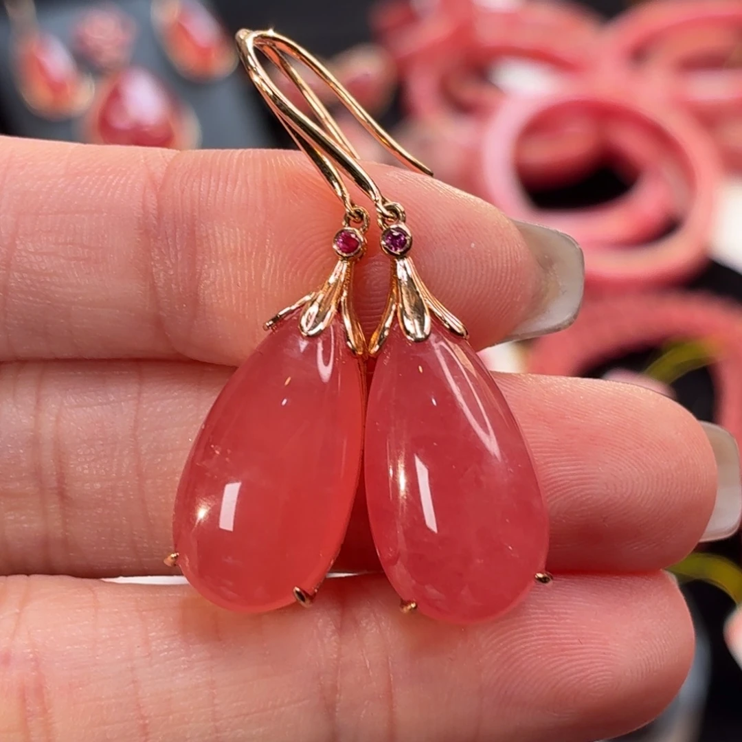 菱锰矿（红纹石）18K金镶嵌耳坠