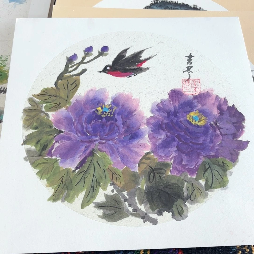 国画外****3斗方卡纸花鸟朱