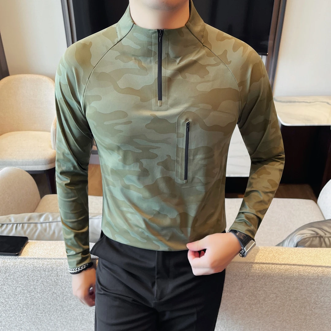 鲨鱼皮半高领拉链T恤男长袖秋季2025新款高弹修身立领迷彩打底衫