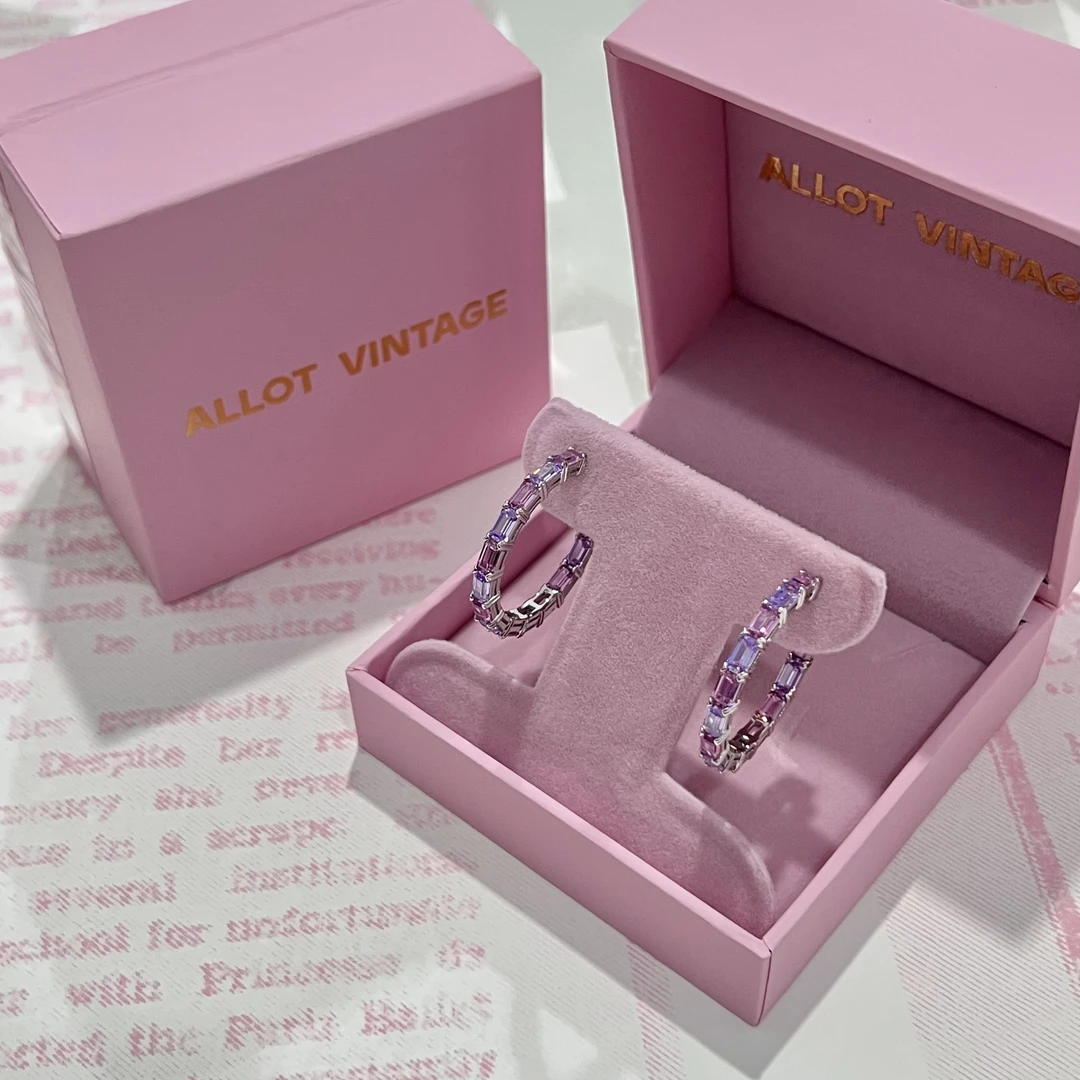 925银合成锆石耳饰 粉紫中号方糖圈圈耳钉 甜美少女 直径3cm