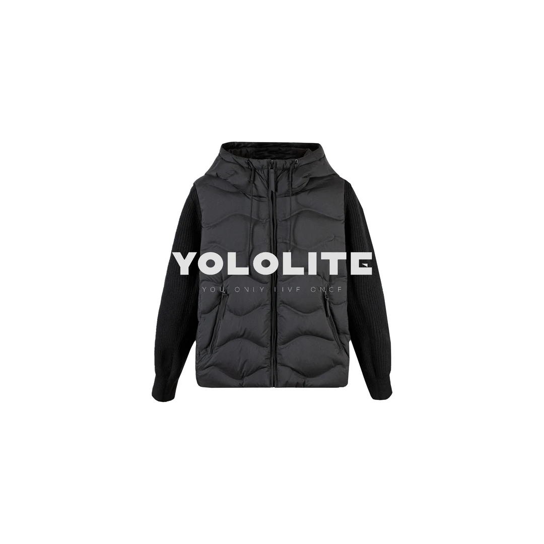 YOLOLITE【冰川】3367冬季新款休闲假两件针织袖拼接连帽白鸭绒外套