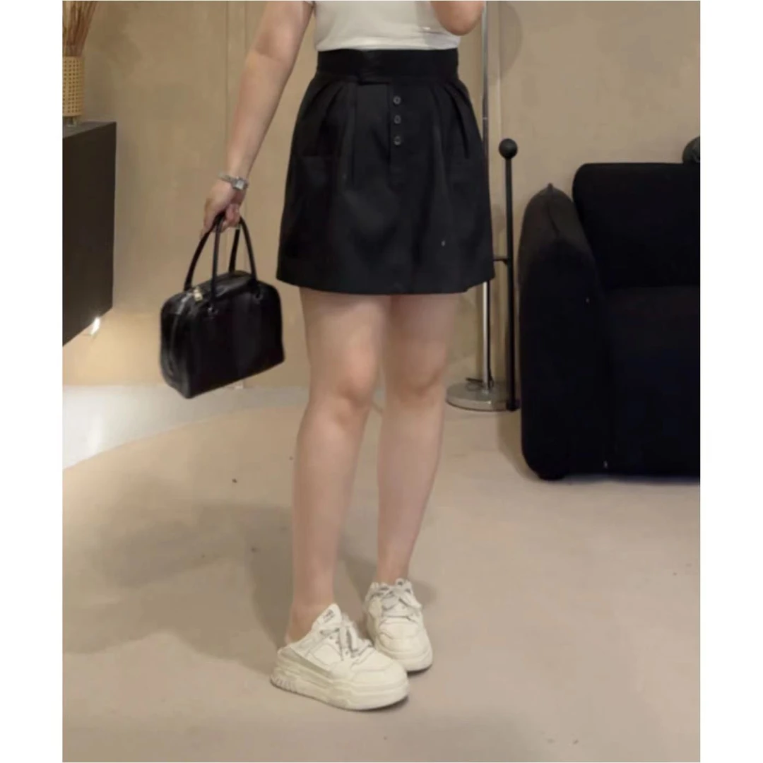 晶咕【慕色时光】高腰宽边褶皱半裙显瘦半身裙气质时尚夏季黑色