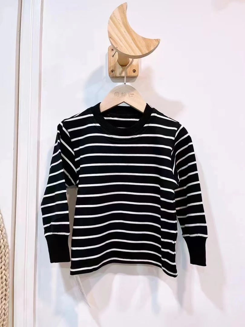 黑底白条单上衣黑色条纹T恤圆领长袖春装