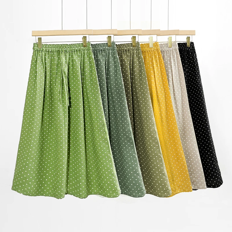 100%亚麻单层半身裙夏季时尚波点赫本风减龄中长款A字裙显瘦洋气