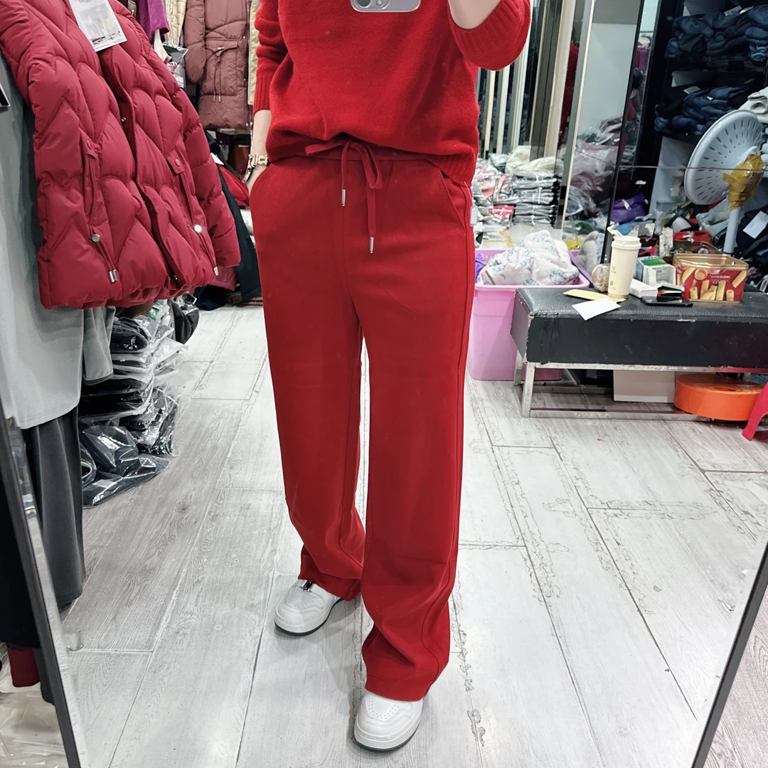 韩货高级年叨直筒裤中国红醋酸绒休闲裤24915品