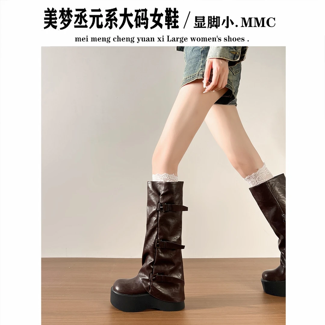 厚底增高裤管靴百搭褶皱粗跟堆堆靴胖mm粗腿不过膝高筒靴大码女靴