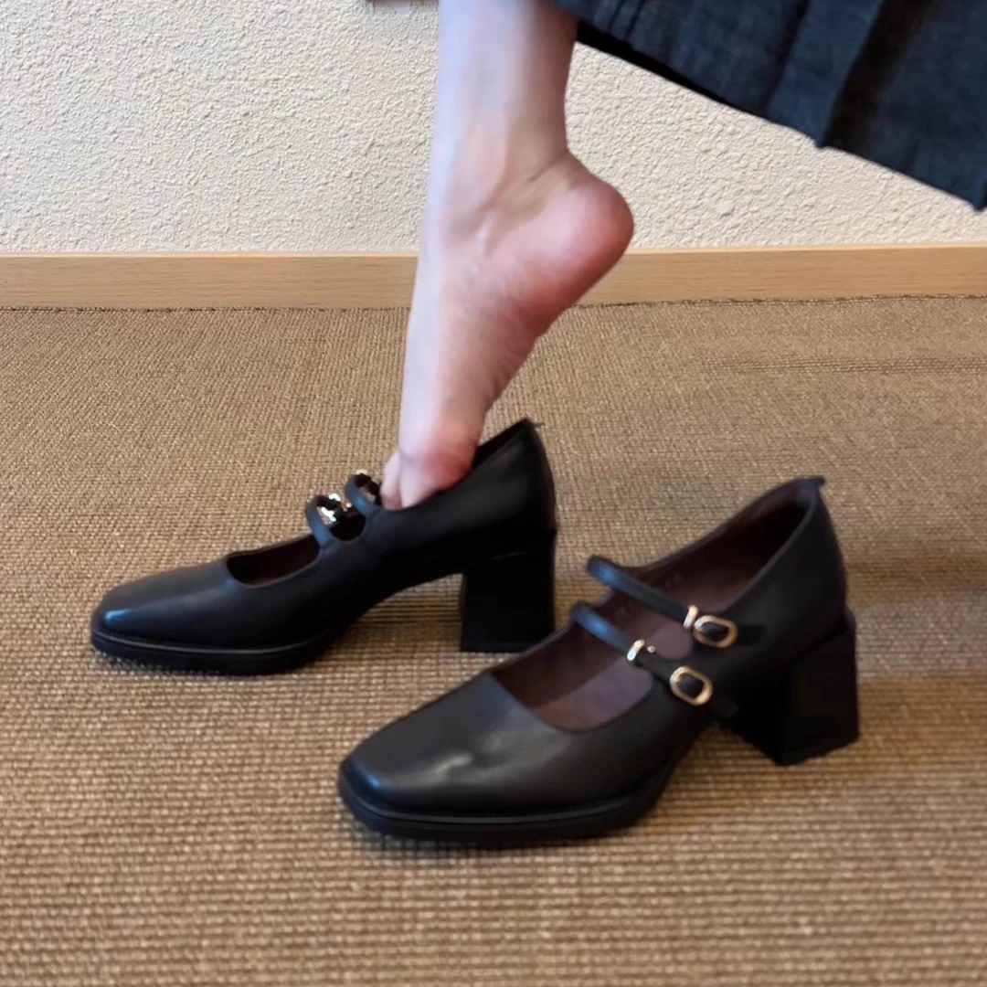 Pokoy-6cm法式复古方头黑色高跟浅口舒适外穿女单鞋