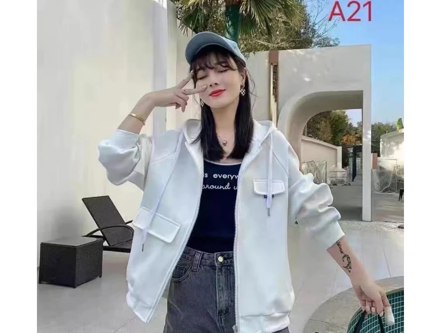 断码 欧货慵懒风chic连帽卫衣女春季学生减龄开衫短外套潮