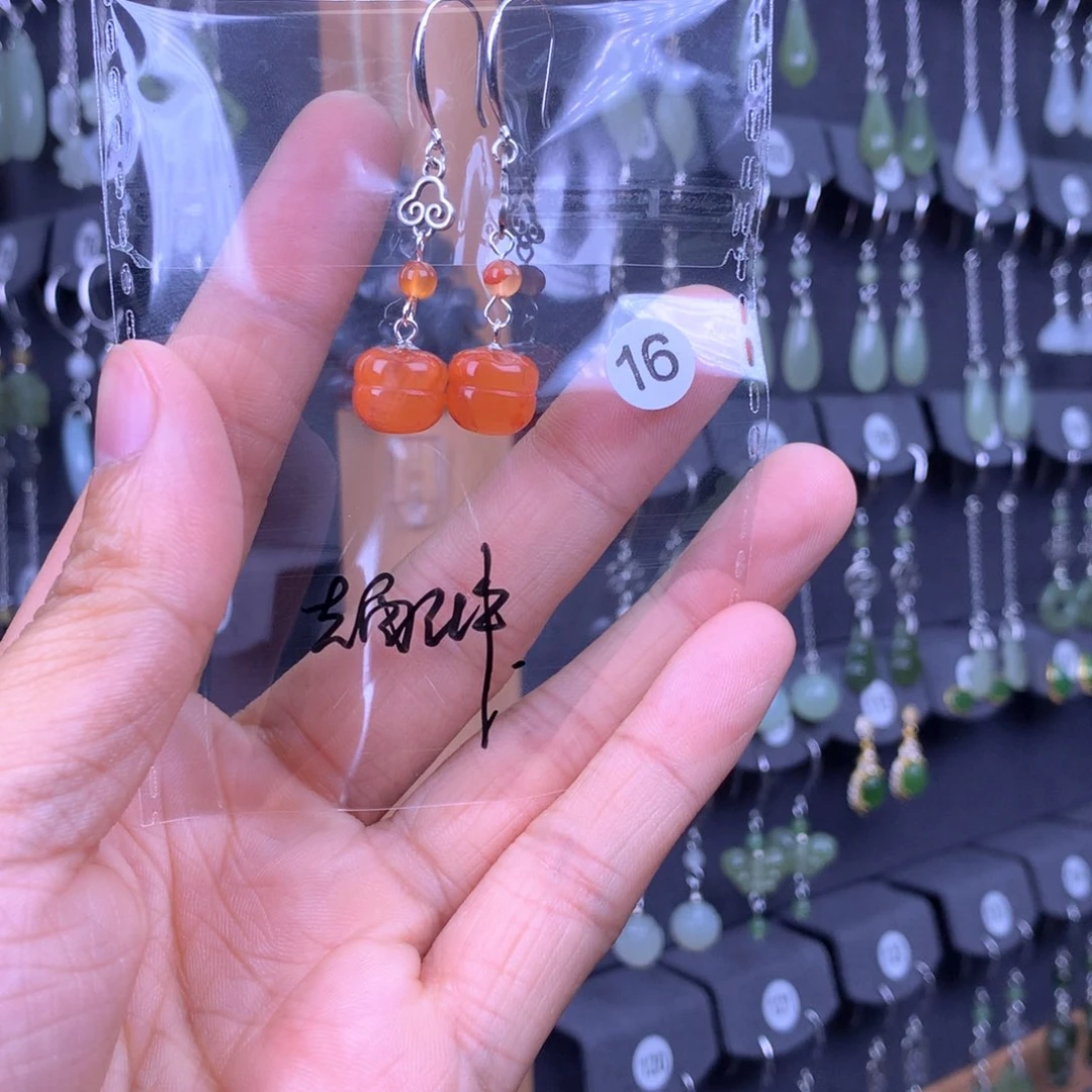 南红玛瑙耳饰银S925镶嵌陶*