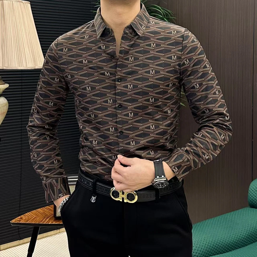 【仟旺赞男装】男士新款加绒加厚时尚字母提花潮流显瘦长袖衬衫