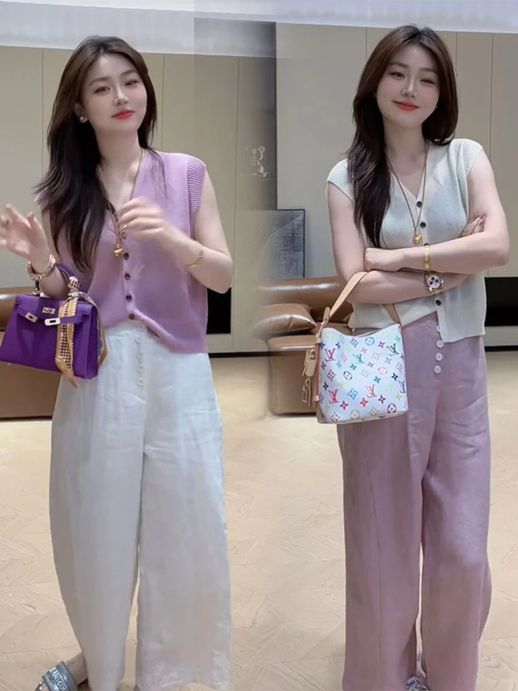 小个子清新甜美气质穿搭时尚V领小飞袖针织衫高级感直筒休闲裤子